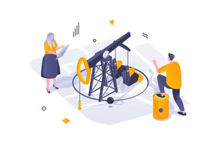 Illustration for Oil Industry concept in 3d isometric design. Engineers work at oil production plant, check and control pump for extraction at station. Vector illustration with isometric people scene for web graphic - Royalty Free Image