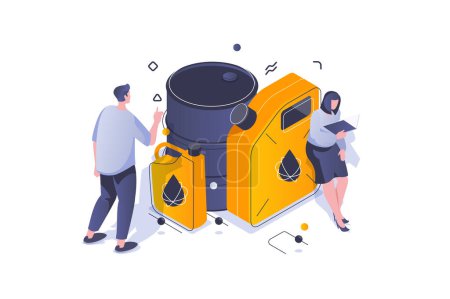 Illustration for Oil Industry concept in 3d isometric design. Man and woman using barrel and canisters for storage fuel for refueling cars in garage. Vector illustration with isometric people scene for web graphic - Royalty Free Image