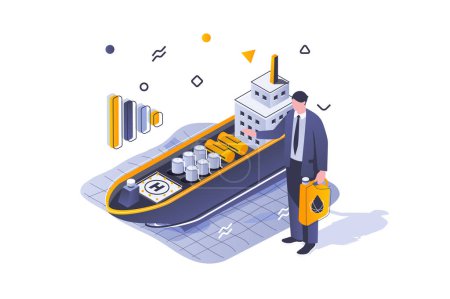 Illustration for Oil Industry concept in 3d isometric design. Businessman selling petroleum products using tanker ship for sea cargo transportation. Vector illustration with isometric people scene for web graphic - Royalty Free Image