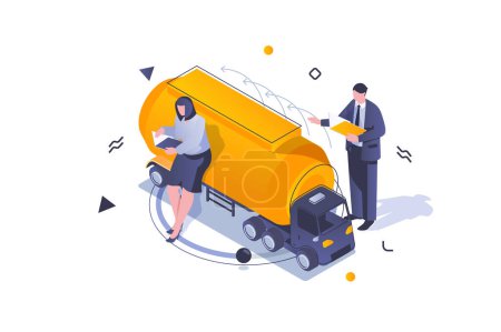 Illustration for Oil Industry concept in 3d isometric design. Man and woman selling petroleum products using tanker truck for global transportation. Vector illustration with isometric people scene for web graphic - Royalty Free Image