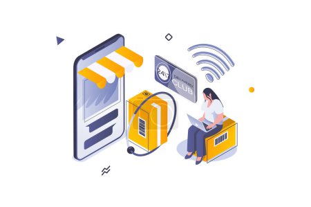Illustration for Online shopping concept in 3d isometric design. Woman buying new goods and ordering delivery of boxes to home using mobile application. Vector illustration with isometric people scene for web graphic - Royalty Free Image