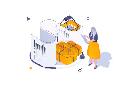 Illustration for Online shopping concept in 3d isometric design. Woman buying new goods at store site, paying check and ordering delivery of boxes. Vector illustration with isometric people scene for web graphic - Royalty Free Image