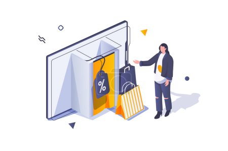 Illustration for Online shopping concept in 3d isometric design. Woman with many bags buying new goods at store with bargain offers of discount prices. Vector illustration with isometric people scene for web graphic - Royalty Free Image