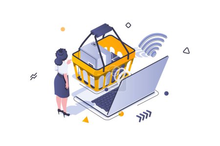 Illustration for Online shopping concept in 3d isometric design. Woman buying new goods at supermarket and ordering delivery using store site at laptop. Vector illustration with isometric people scene for web graphic - Royalty Free Image