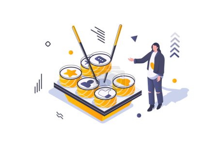 Illustration for Social media concept in 3d isometric design. Woman blogging online, taking sushi and collecting likes hands, comments and new followers. Vector illustration with isometric people scene for web graphic - Royalty Free Image