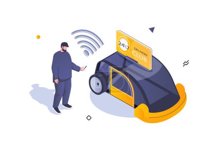 Illustration for Transportation logistics concept in 3d isometric design. Man ordering car or taxi service using mobile app and delivery club card. Vector illustration with isometric people scene for web graphic - Royalty Free Image