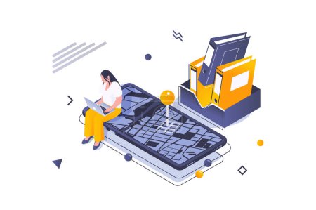 Illustration for Transportation logistics concept in 3d isometric design. Woman uses delivery courier service for document folders shipping and tracking. Vector illustration with isometric people scene for web graphic - Royalty Free Image
