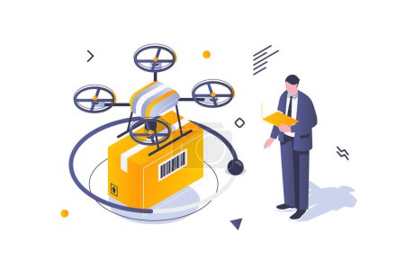 Illustration for Transportation logistics concept in 3d isometric design. Man uses drone flying delivery service for box shipping and online tracking. Vector illustration with isometric people scene for web graphic - Royalty Free Image