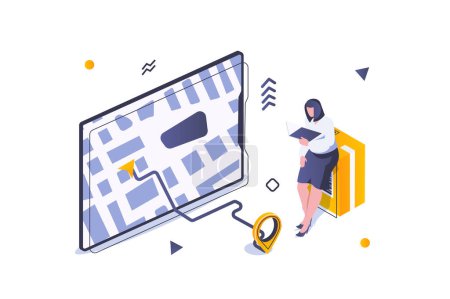 Illustration for Transportation logistics concept in 3d isometric design. Woman ordering delivery of boxes and tracking route at online map on screen. Vector illustration with isometric people scene for web graphic - Royalty Free Image