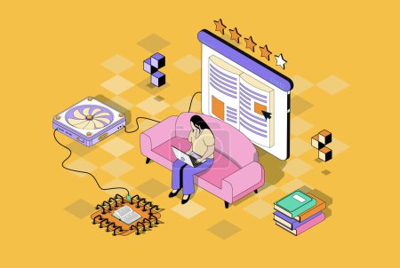 Illustration for Online reading concept in 3d isometric design. Woman read e-book using laptop program, buying electronic literature at online bookstore. Vector illustration with isometry people scene for web graphic - Royalty Free Image