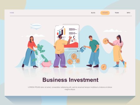 Illustration for Business investment web concept for landing page in flat design. Man and woman analyzing statistics and investing money in success project. Vector illustration with people scene for website homepage - Royalty Free Image