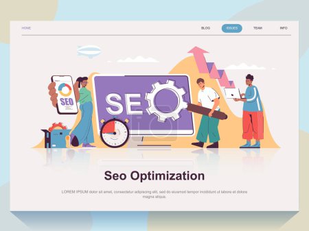 Illustration for Seo optimization web concept for landing page in flat design. Man and woman making analytics research and optimizes ranking and site traffic. Vector illustration with people scene for website homepage - Royalty Free Image