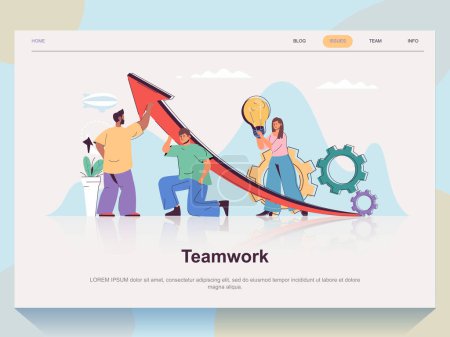 Illustration for Teamwork web concept for landing page in flat design. Man and woman working together, collaboration and supporting, increase arrow growth. Vector illustration with people scene for website homepage - Royalty Free Image