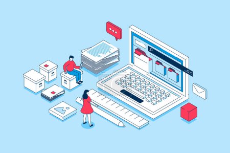 Illustration for Electronic organization files concept in 3d isometric design. People working with digital database, organizing files in folders on laptop. Vector illustration with isometry scene for web graphic - Royalty Free Image