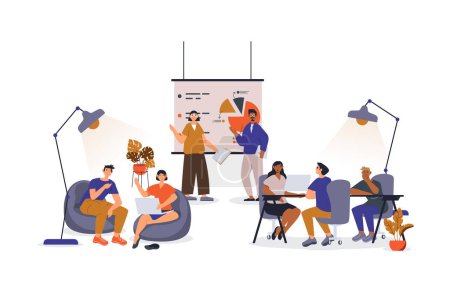 Illustration for Coworking office concept with character scene for web. Women and men employees working and brainstorming in open space. People situation in flat design. Vector illustration for marketing material. - Royalty Free Image