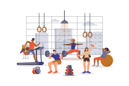 Illustration for Fitness training concept with character scene for web. Women and men do yoga, lifting barbell, running treadmill in gym. People situation in flat design. Vector illustration for marketing material. - Royalty Free Image