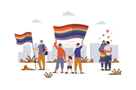 Illustration for LGBTQ concept with character scene for web. Gays and lesbians couple holding rainbow flag and celebrating pride festival. People situation in flat design. Vector illustration for marketing material. - Royalty Free Image