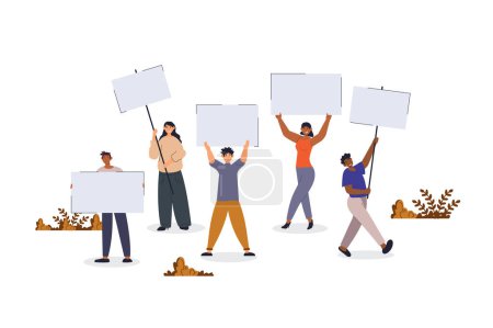 Illustration for People holding blank empty banners concept with character scene for web. Women and men standing with message placards at meeting situation in flat design. Vector illustration for marketing material. - Royalty Free Image