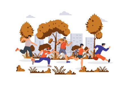 Illustration for People running concept with character scene for web. Women and men running in city park, competitive in race marathon, sport situation in flat design. Vector illustration for marketing material. - Royalty Free Image