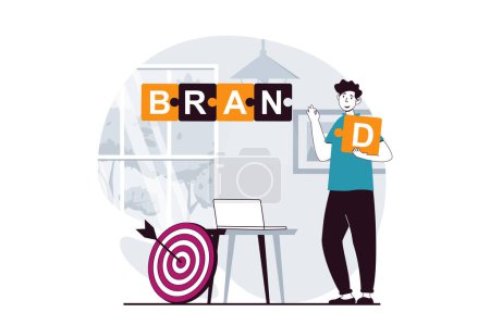 Illustration for Branding team concept with people scene in flat design for web. Man making promotion, targeting, creating project and building brand. Vector illustration for social media banner, marketing material. - Royalty Free Image