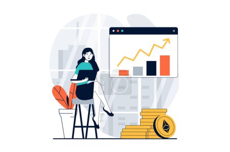 Illustration for Cryptocurrency marketplace concept with people scene in flat design for web. Woman analysing financial trends and buying ethereum. Vector illustration for social media banner, marketing material. - Royalty Free Image