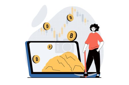 Illustration for Cryptocurrency mining concept with people scene in flat design for web. Man with pickaxe working in mining crypto business at laptop. Vector illustration for social media banner, marketing material. - Royalty Free Image