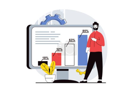 Illustration for Data analysis concept with people scene in flat design for web. Man working with bar charts, monitoring results and accounting revenue. Vector illustration for social media banner, marketing material. - Royalty Free Image