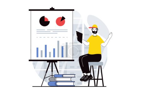 Illustration for Data analysis concept with people scene in flat design for web. Man consultant working with charts and diagrams for presentation. Vector illustration for social media banner, marketing material. - Royalty Free Image