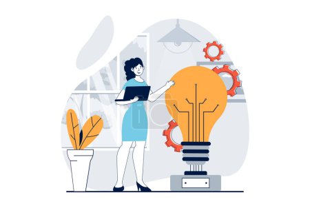 Illustration for Data science concept with people scene in flat design for web. Woman working with statistics for brainstorming and generates new ideas. Vector illustration for social media banner, marketing material. - Royalty Free Image