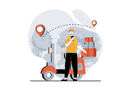 Illustration for Delivery service concept with people scene in flat design for web. Man courier with motorbike carrying boxes with online tracking. Vector illustration for social media banner, marketing material. - Royalty Free Image