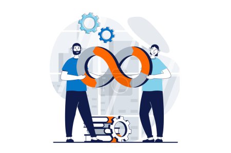 Illustration for DevOps concept with people scene in flat design for web. Man working in team with software programming and optimization workflow. Vector illustration for social media banner, marketing material. - Royalty Free Image