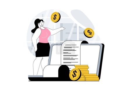 Illustration for Electronic receipt concept with people scene in flat design for web. Woman making online payment and receiving check confirmation. Vector illustration for social media banner, marketing material. - Royalty Free Image