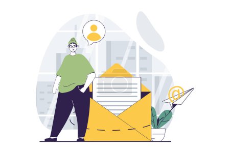 Illustration for Email service concept with people scene in flat design for web. Man writes and sends letters and promotion newsletters using app. Vector illustration for social media banner, marketing material. - Royalty Free Image