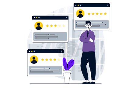 Illustration for Feedback page concept with people scene in flat design for web. Man reading user experience comments and client satisfaction rating. Vector illustration for social media banner, marketing material. - Royalty Free Image