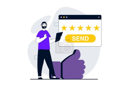 Illustration for Feedback page concept with people scene in flat design for web. Man sending client experience review and user rating with five stars. Vector illustration for social media banner, marketing material. - Royalty Free Image