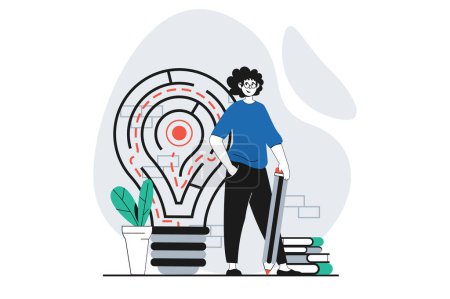 Illustration for Finding solution concept with people scene in flat design for web. Man finds route in labyrinth, brainstorm and finds new opportunity. Vector illustration for social media banner, marketing material. - Royalty Free Image