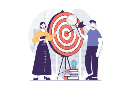Illustration for Focus group concept with people scene in flat design for web. Man and woman creating advertising campaign for target audience together. Vector illustration for social media banner, marketing material. - Royalty Free Image