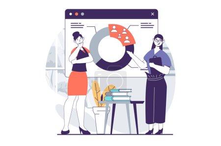 Illustration for Focus group concept with people scene in flat design for web. Women works with pie chart presentation and analyzing target audience. Vector illustration for social media banner, marketing material. - Royalty Free Image