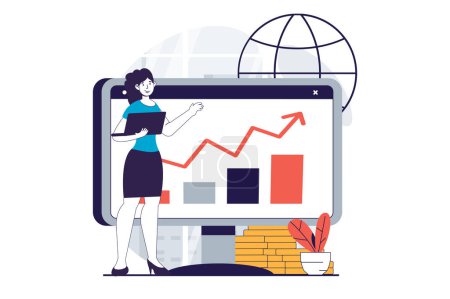 Illustration for Global economic concept with people scene in flat design for web. Woman analyzing data graph, creating business development strategy. Vector illustration for social media banner, marketing material. - Royalty Free Image