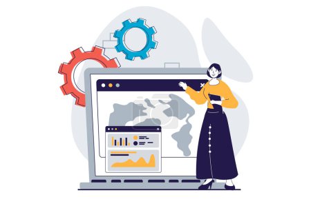 Illustration for Global economic concept with people scene in flat design for web. Woman working with worldwide financial data for marketing report. Vector illustration for social media banner, marketing material. - Royalty Free Image