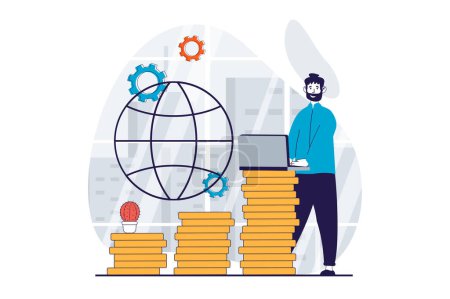 Illustration for Global economic concept with people scene in flat design for web. Man developing international commerce company and getting profit. Vector illustration for social media banner, marketing material. - Royalty Free Image