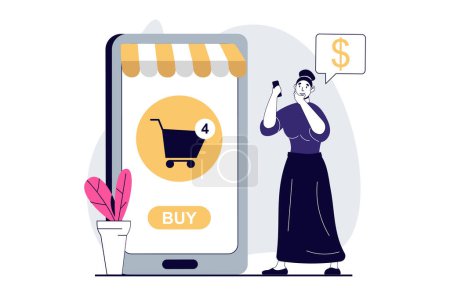 Illustration for Mobile commerce concept with people scene in flat design for web. Woman making online order and buying goods using mobile application. Vector illustration for social media banner, marketing material. - Royalty Free Image