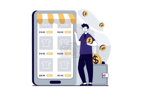 Illustration for Mobile commerce concept with people scene in flat design for web. Man choosing goods and making purchases with bargain discount prices. Vector illustration for social media banner, marketing material. - Royalty Free Image