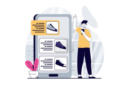 Illustration for Mobile commerce concept with people scene in flat design for web. Man choosing shoes in assortment of online store and making order. Vector illustration for social media banner, marketing material. - Royalty Free Image
