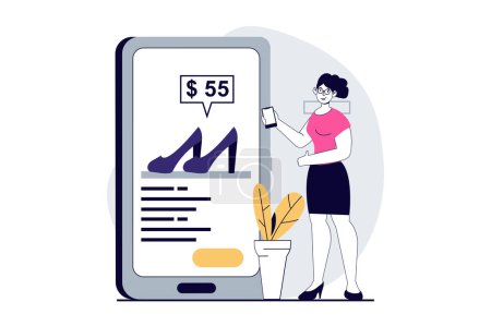 Illustration for Mobile commerce concept with people scene in flat design for web. Woman choosing shoes in online store, making order and paying in app. Vector illustration for social media banner, marketing material. - Royalty Free Image