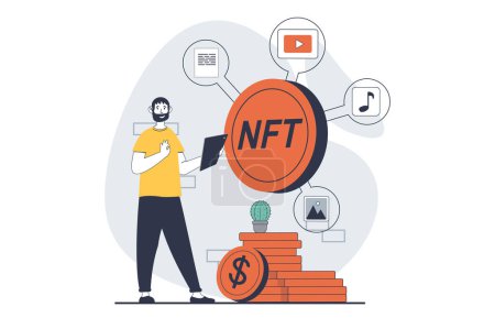 Téléchargez les illustrations : NFT token concept avec les gens scène dans le design plat pour le web. Homme investissant crypto-monnaies dans des œuvres d'art numériques avec jeton non fongible. Illustration vectorielle pour bannière de médias sociaux, matériel de marketing. - en licence libre de droit
