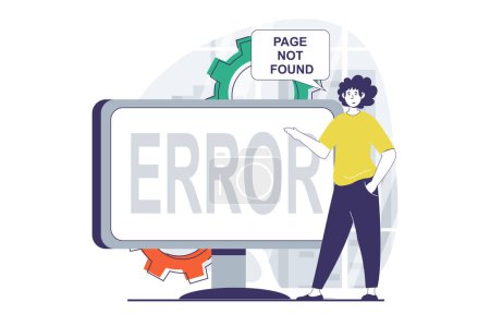 Illustration for Page not found concept with people scene in flat design for web. Man points to screen with connection error and disconnect message. Vector illustration for social media banner, marketing material. - Royalty Free Image