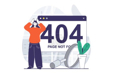 Illustration for Page not found concept with people scene in flat design for web. Woman getting message about connection problem and troubleshooting. Vector illustration for social media banner, marketing material. - Royalty Free Image