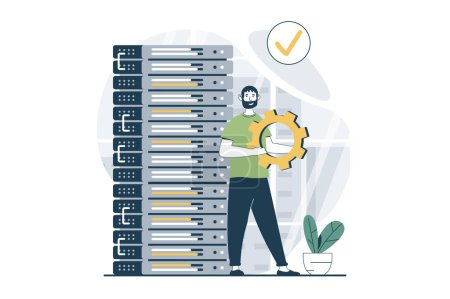 Illustration for Server maintenance concept with people scene in flat design for web. Man works as tech administrator and fixing equipment in rack room. Vector illustration for social media banner, marketing material. - Royalty Free Image