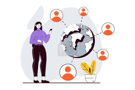 Illustration for Social network concept with people scene in flat design for web. Woman getting contacts and connecting online with friends in global. Vector illustration for social media banner, marketing material. - Royalty Free Image